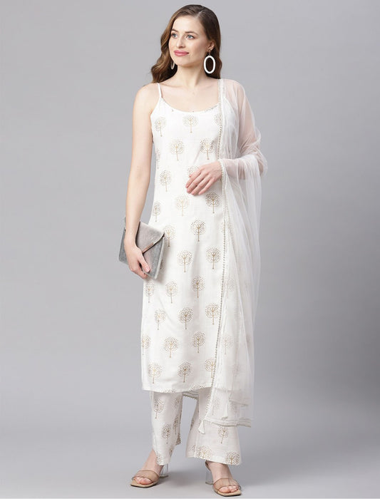 White Pure Cotton Kurta Set with Printed Palazzos Kurta Set For Women