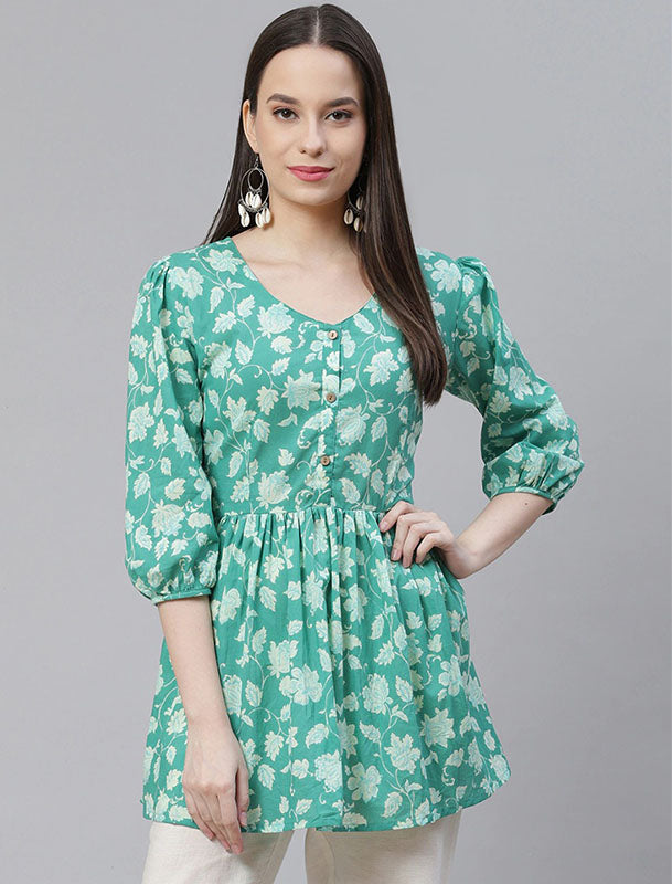 Sea Green & Off White Floral Peplum Divena Top For Women