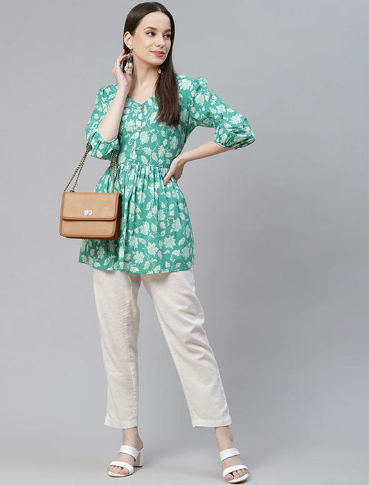 Sea Green & Off White Floral Peplum Divena Top For Women