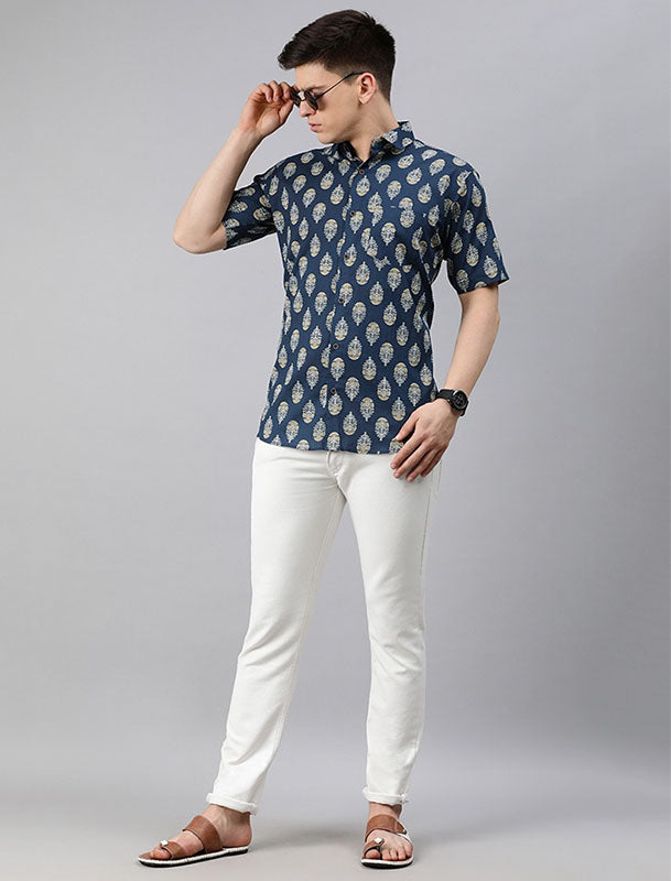 Millennial Men Navy Blue Printed Casual Shirt