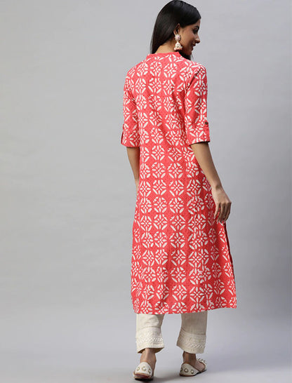 Red & Off White Ethnic Motifs Printed Pure Cotton Divena Kurta For Women