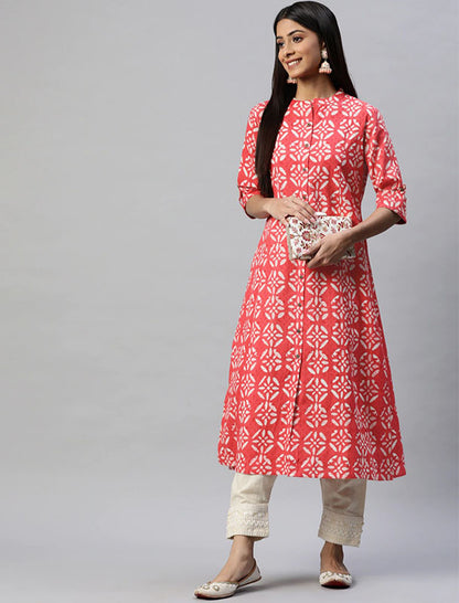 Red & Off White Ethnic Motifs Printed Pure Cotton Divena Kurta For Women