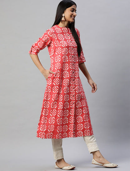 Red & Off White Ethnic Motifs Printed Pure Cotton Divena Kurta For Women