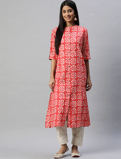 Red & Off White Ethnic Motifs Printed Pure Cotton Divena Kurta For Women