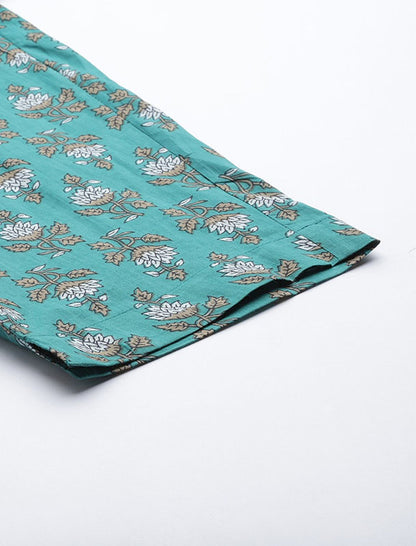 Green Kurta Set with Printed Trousers Jacket For Women