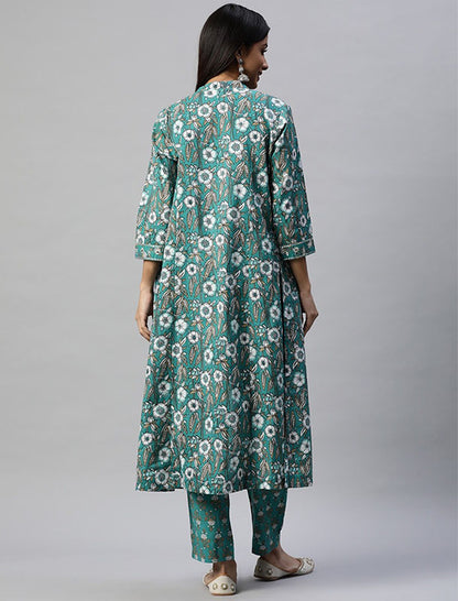 Green Kurta Set with Printed Trousers Jacket For Women