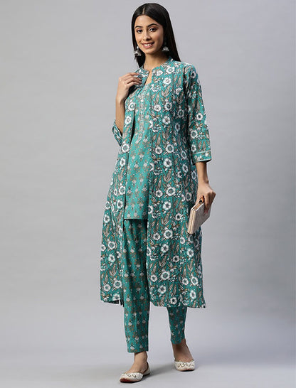 Green Kurta Set with Printed Trousers Jacket For Women