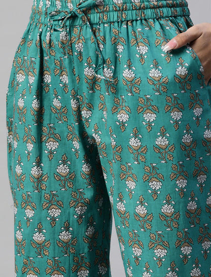 Green Kurta Set with Printed Trousers Jacket For Women
