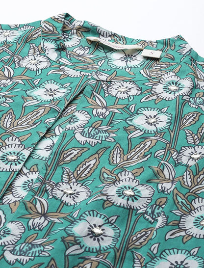 Green Kurta Set with Printed Trousers Jacket For Women