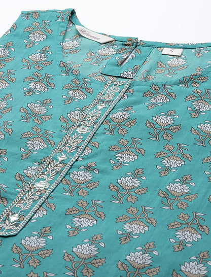 Green Kurta Set with Printed Trousers Jacket For Women