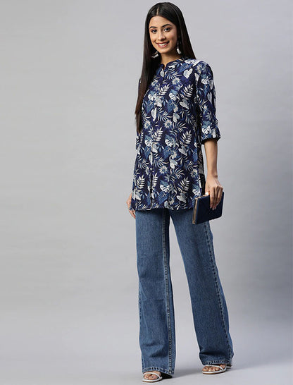 Navy Blue and White Regular Shirt Style Top For Women
