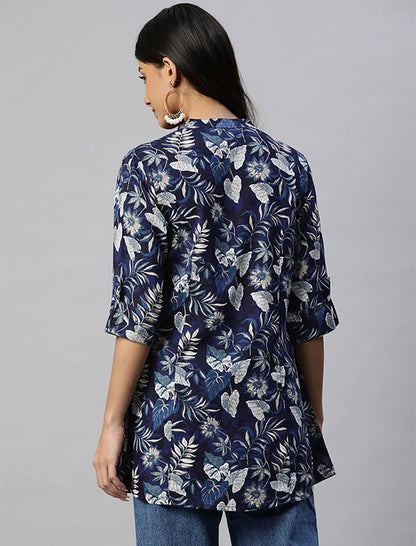 Navy Blue and White Regular Shirt Style Top For Women