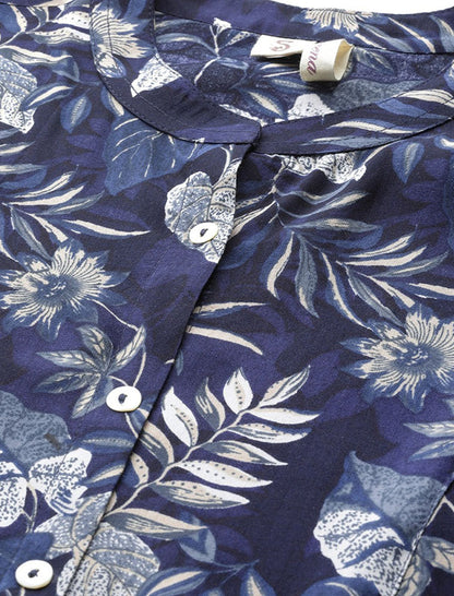 Navy Blue and White Regular Shirt Style Top For Women