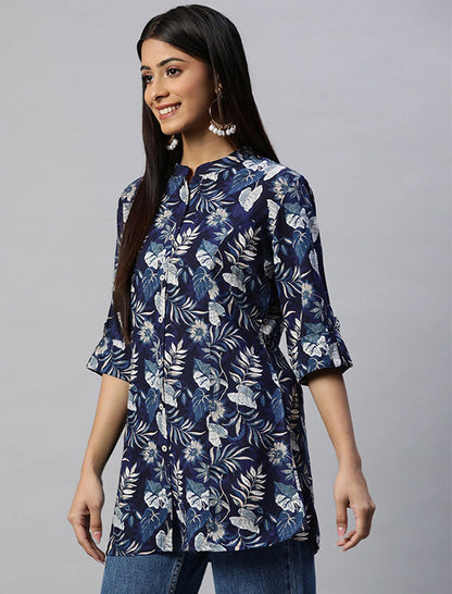 Navy Blue and White Regular Shirt Style Top For Women