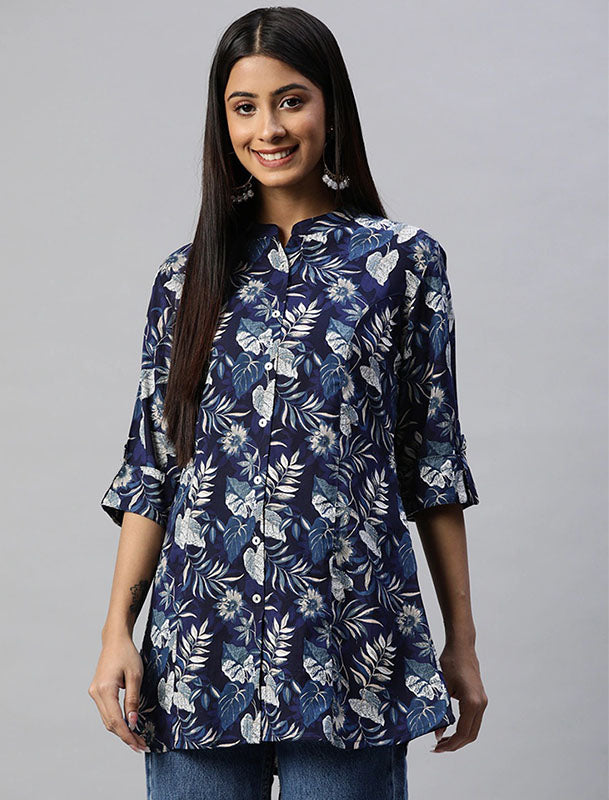 Navy Blue and White Regular Shirt Style Divena Top For Women