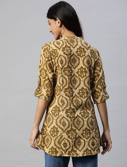 Beige and Brown Regular Shirt Style Top For Women