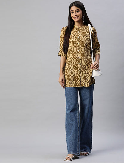 Beige and Brown Regular Shirt Style Top For Women