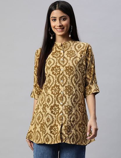 Beige and Brown Regular Shirt Style Top For Women