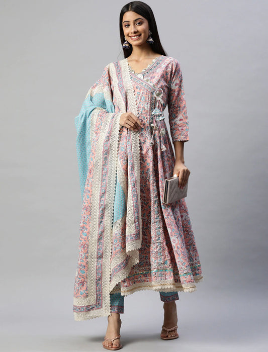 Peach Cotton Kurta Set with Trousers & Dupatta Ethnic Kurtas Set For Women