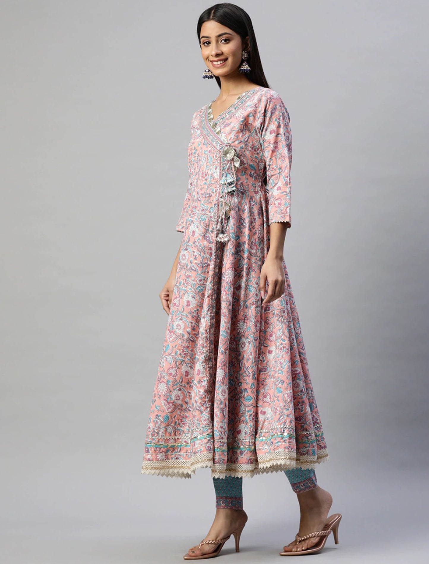 Peach Cotton Kurta Set with Trousers & Dupatta Ethnic Kurtas Set For Women