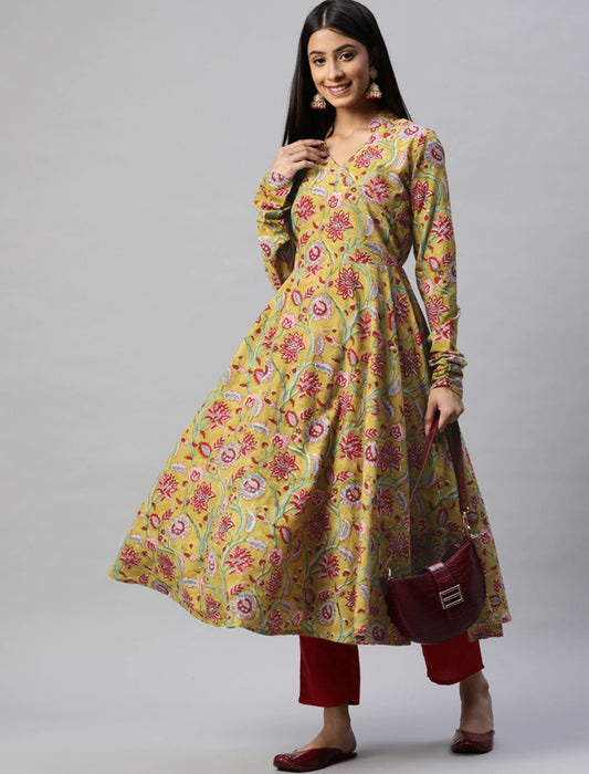 Green Pure Cotton Ethnic Printed Anarkali Kurta