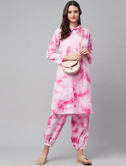 Ethnic Pink Cotton Kurta Set with Harem Pants For Women