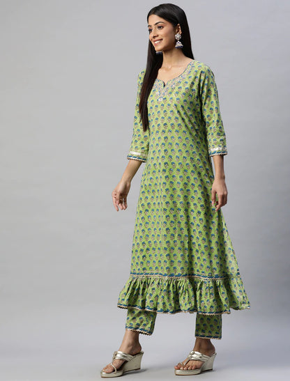 Green & Blue Cotton Printed Trousers Dupatta Kurta set For Women