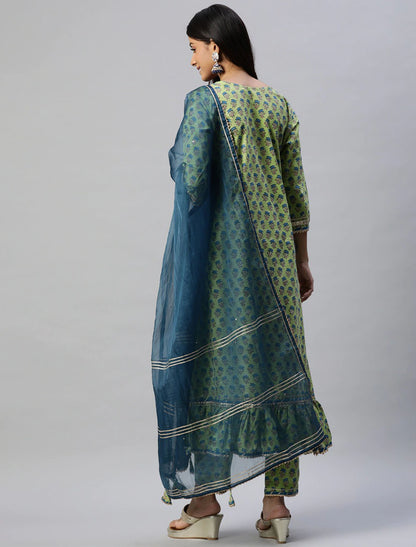 Green & Blue Cotton Printed Trousers Dupatta Kurta set For Women