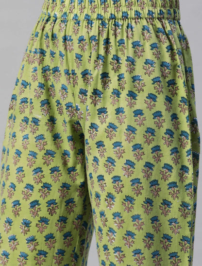 Green & Blue Cotton Printed Trousers Dupatta Kurta set For Women