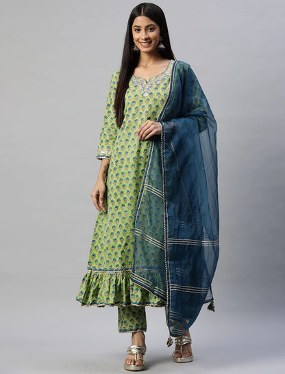 Green & Blue Cotton Printed Trousers Dupatta Kurta set For Women