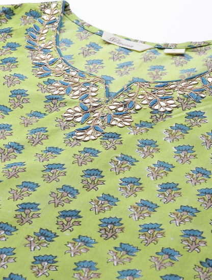 Green & Blue Cotton Printed Trousers Dupatta Kurta set For Women
