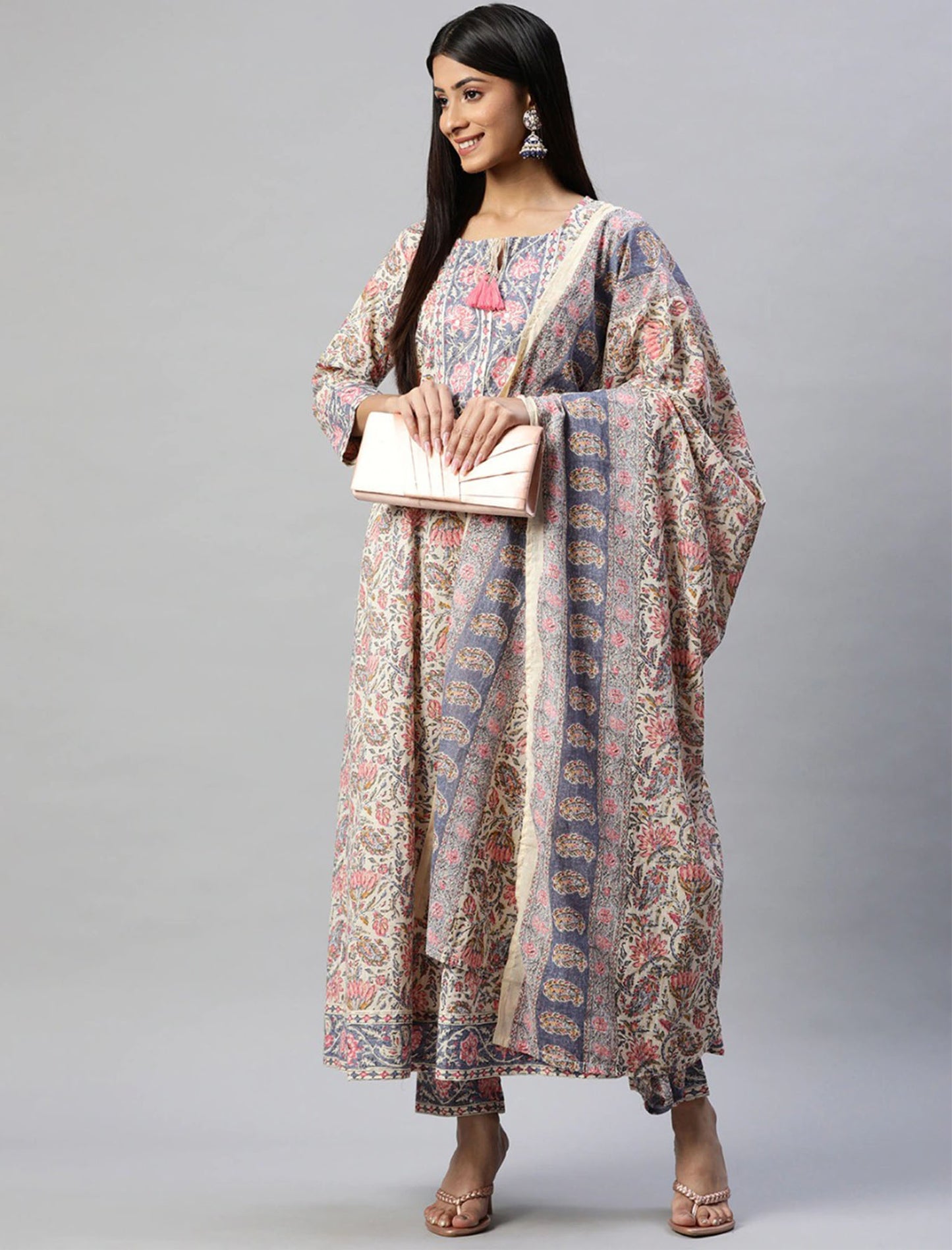 Cream & Blue Cotton Kurta Set with Ethnic motifs Trousers & Dupatta For Women