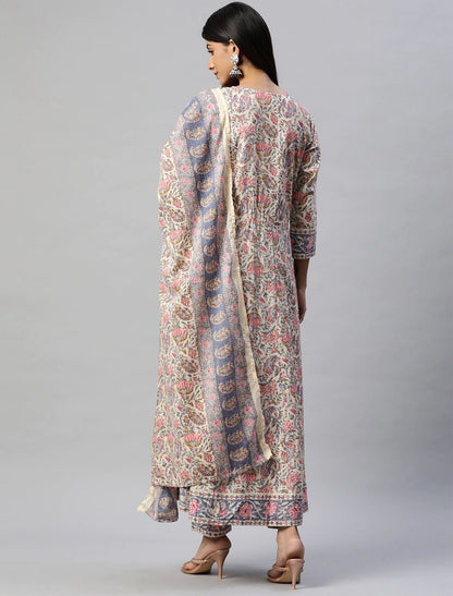 Cream & Blue Cotton Kurta Set with Ethnic motifs Trousers & Dupatta For Women