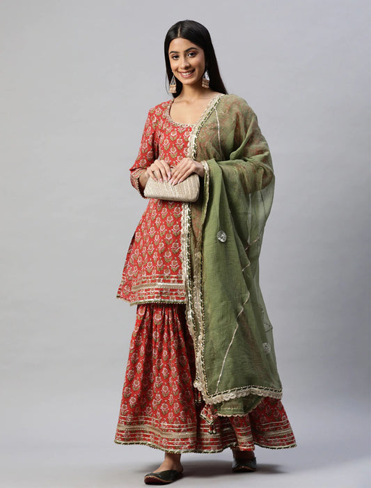 Maroon & Green Printed Women Kurta Set with Sharara & Dupatta