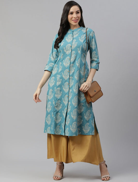 Turquoise Blue and Beige Divena Kurta For Women