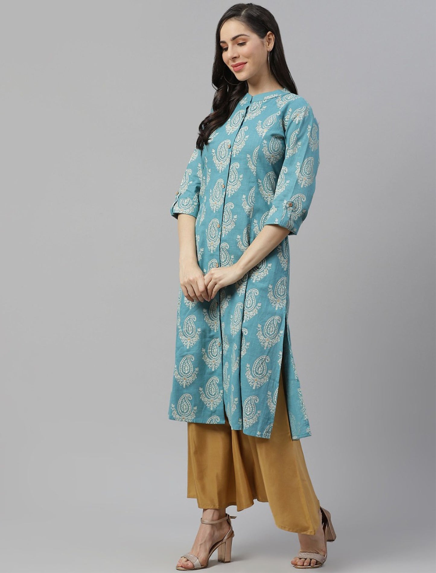 Turquoise Blue and Beige Divena Kurta For Women