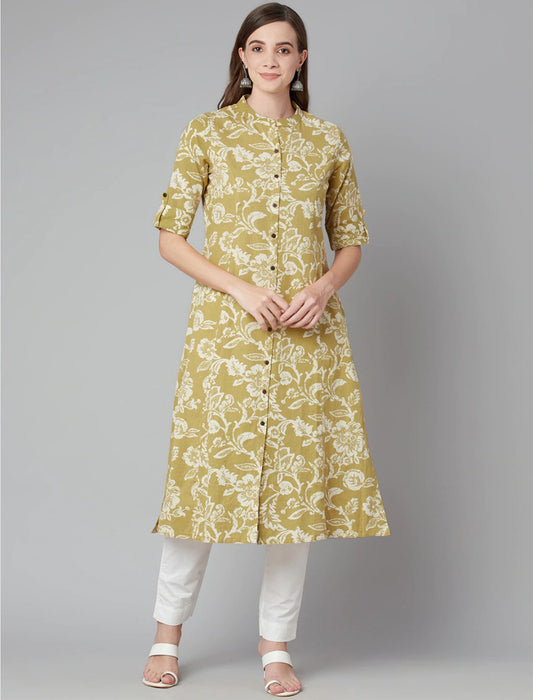 Green Printed Floral Divena Kurta For Women