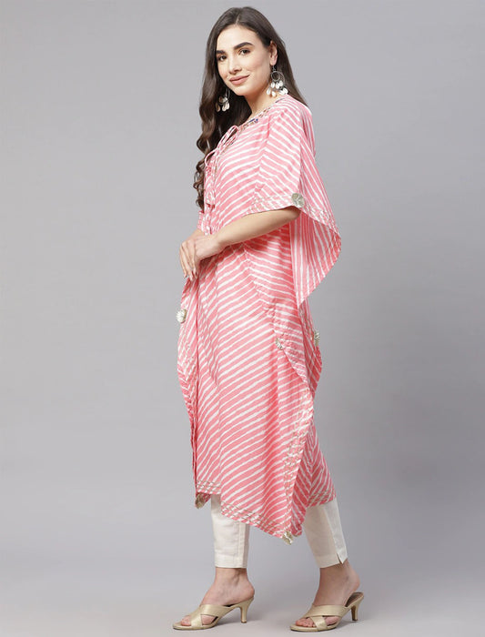 Pink & White Leheriya Print Kaftan Divena Kurta For Women