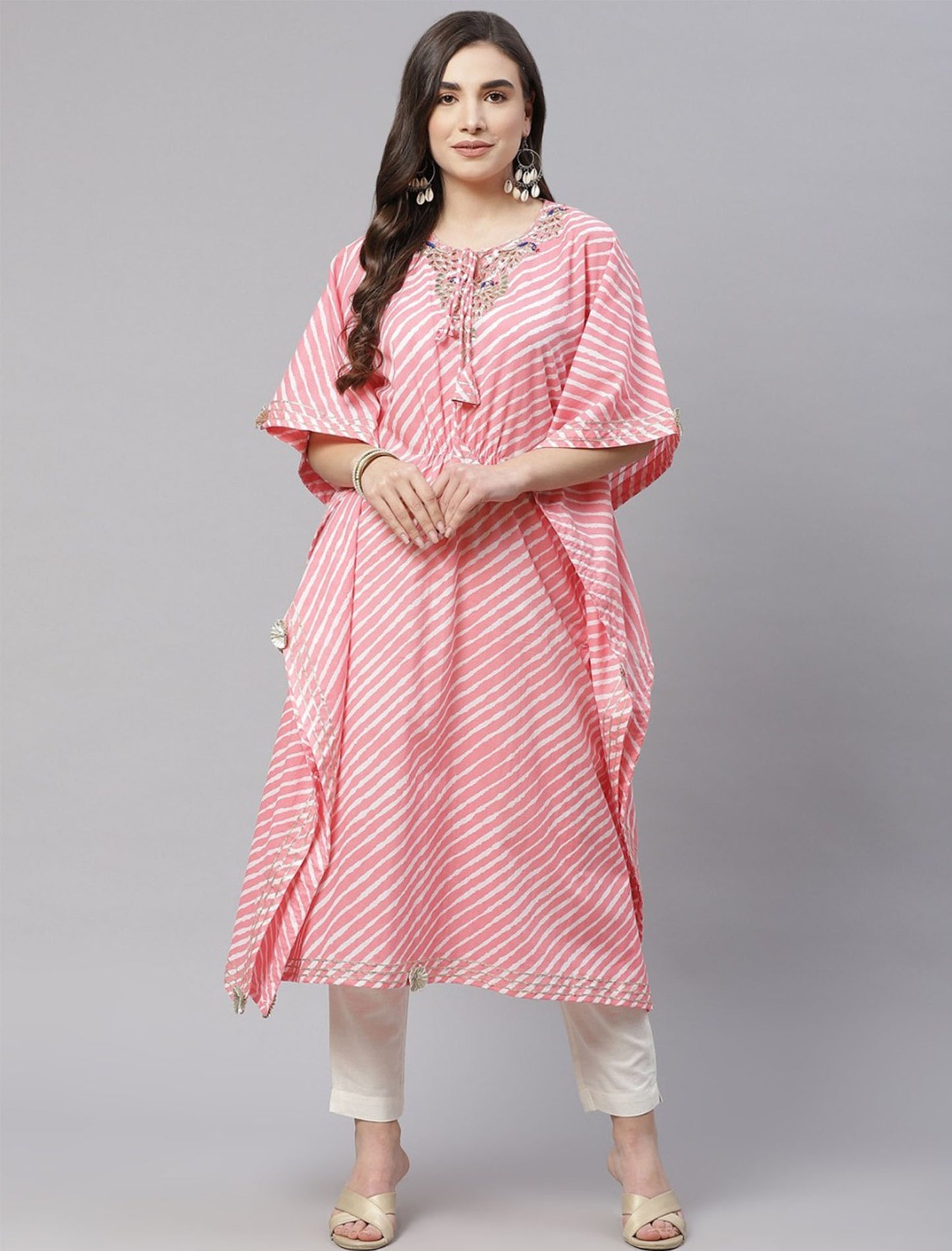 Pink & White Leheriya Print Kaftan Divena Kurta For Women