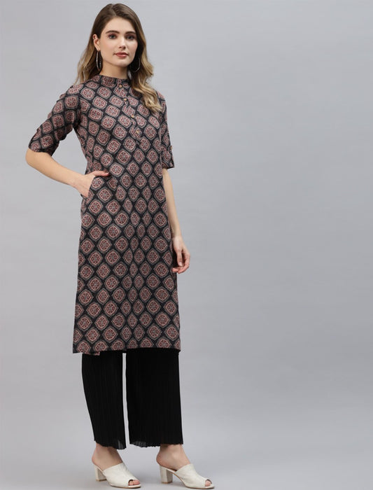 Black & Maroon Ethnic Motifs Printed Cotton Divena Kurta For Women