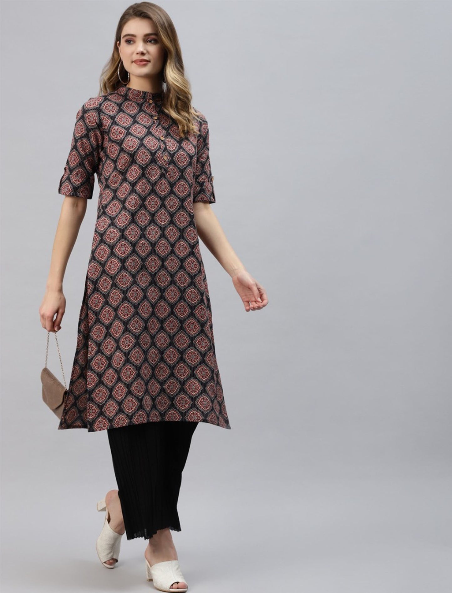 Black & Maroon Ethnic Motifs Printed Cotton Divena Kurta For Women