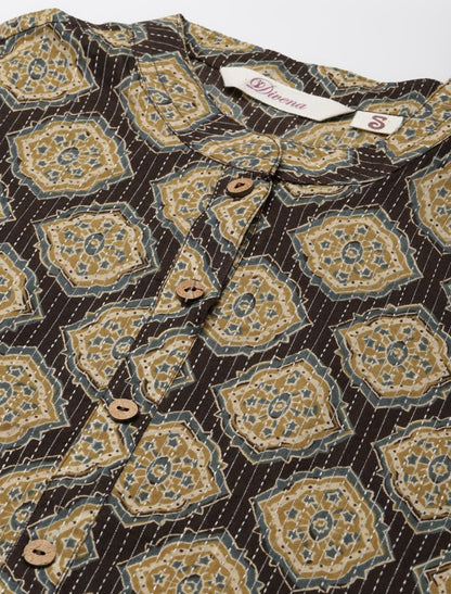 Black & Olive Green Ethnic Motifs Printed Cotton Divena Kurta For Women