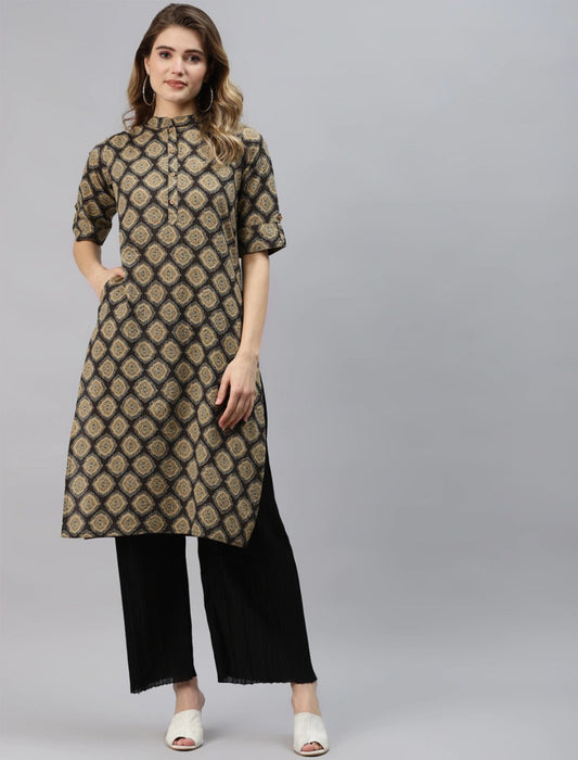 Black & Olive Green Ethnic Motifs Printed Cotton Divena Kurta For Women