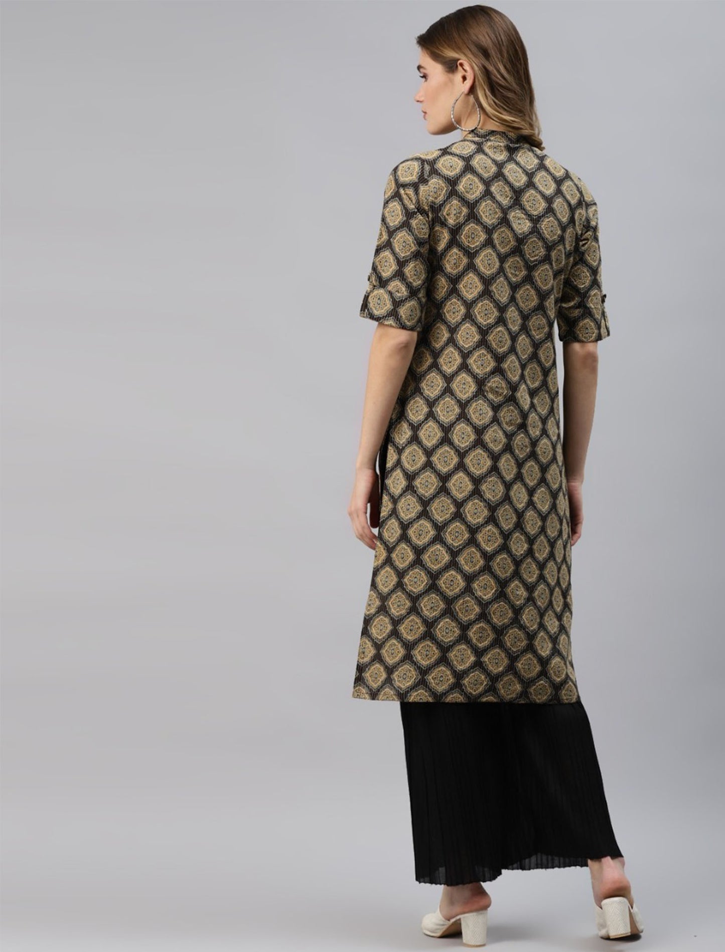 Black & Olive Green Ethnic Motifs Printed Cotton Divena Kurta For Women