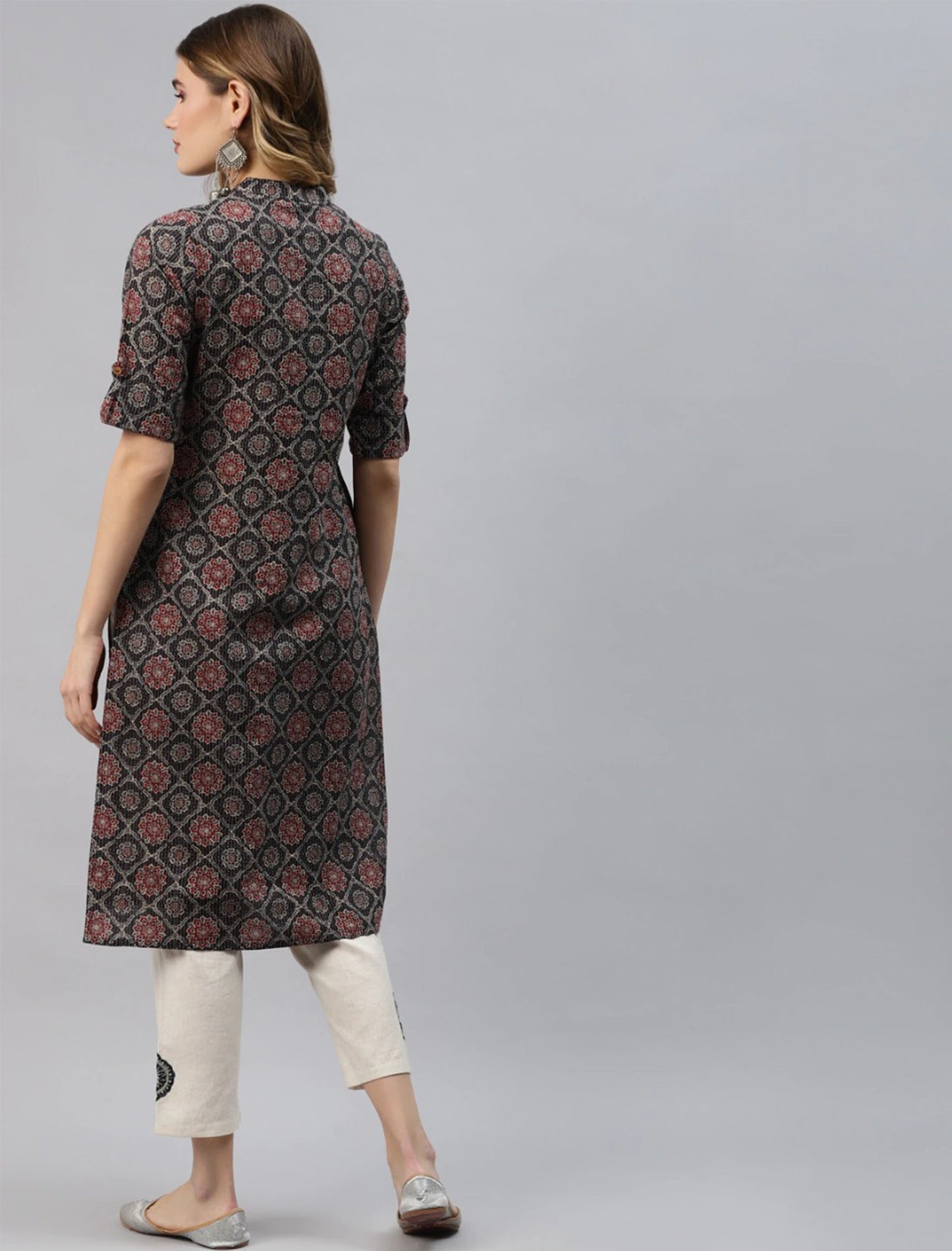 Black & Maroon Ethnic Motifs Printed Cotton Divena Kurta For Women