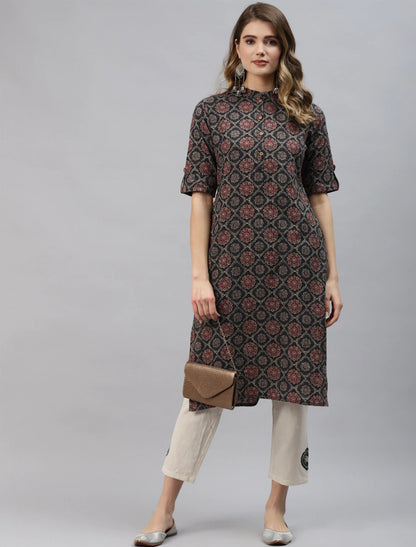 Black & Maroon Ethnic Motifs Printed Cotton Divena Kurta For Women