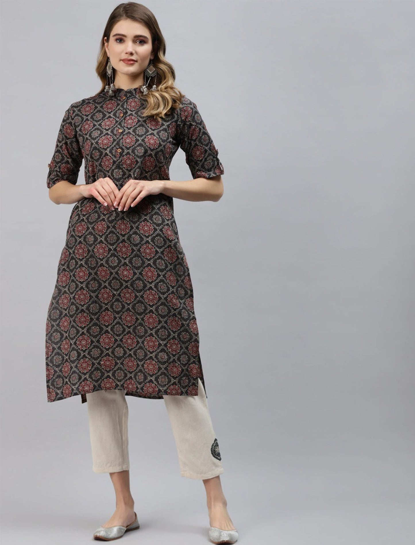 Black & Maroon Ethnic Motifs Printed Cotton Divena Kurta For Women