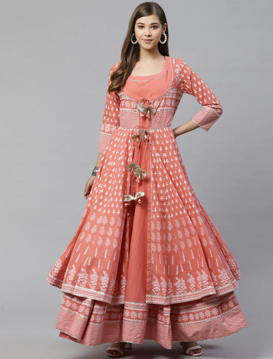Long Ethnic Printed Cotton With Jacket Anarkali For Women