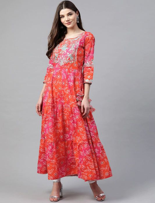 Pink & Orange Anarkali Divena Kurta For Women | | Free Hand-Beaded Unicorn Patch ₹572