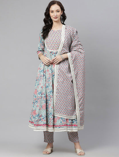 Blue Cotton Kurta Set with Trousers & Dupatta Floral Print Kurtas Set For Women